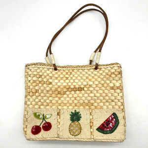 QVC Woven Straw Bag with Bead Embroidered Cherry Pineapple Watermelon